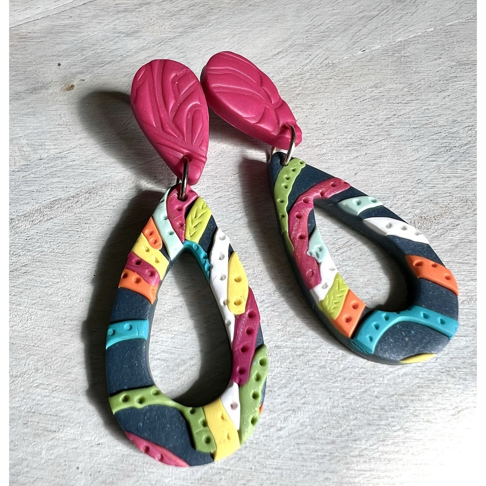 Handmade Polymer Clay Earrings Handcrafted Artwork Navy Pink Multicolor